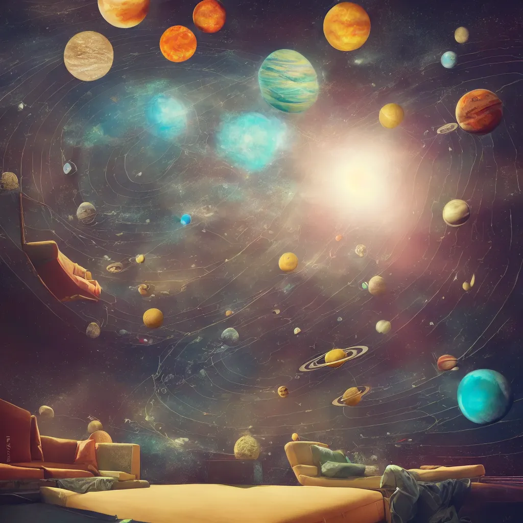 Image similar to solar system revolving around couch, sofa, chesterfield, neon, 4 k, highly detailed, cgsociety, trending on artstion, matte painting, concept art, artdevian, digital art