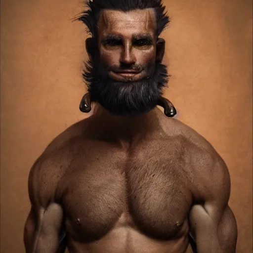 Prompt: 8K Photography from a Male muscled short haired Satyr, by Jimmy Nelson, Artstation