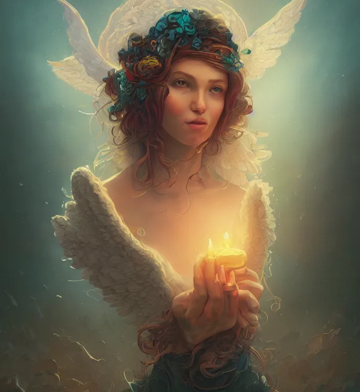 Image similar to centered waist up portrait photography an angel + bokeh + DOF + 8k, photorealistic + rendered in octane + illustration by Peter Mohrbacher and Hans Baluschek + line work by Dan Mumford