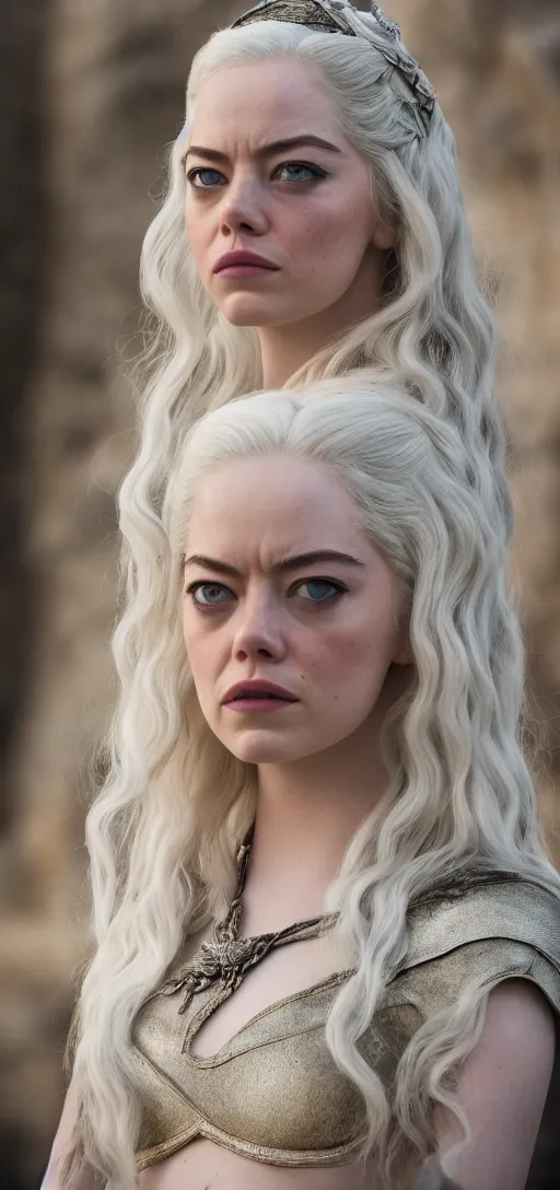 Image similar to Emma Stone as Daenerys Targaryen, XF IQ4, 150MP, 50mm, F1.4, ISO 200, 1/160s, natural light