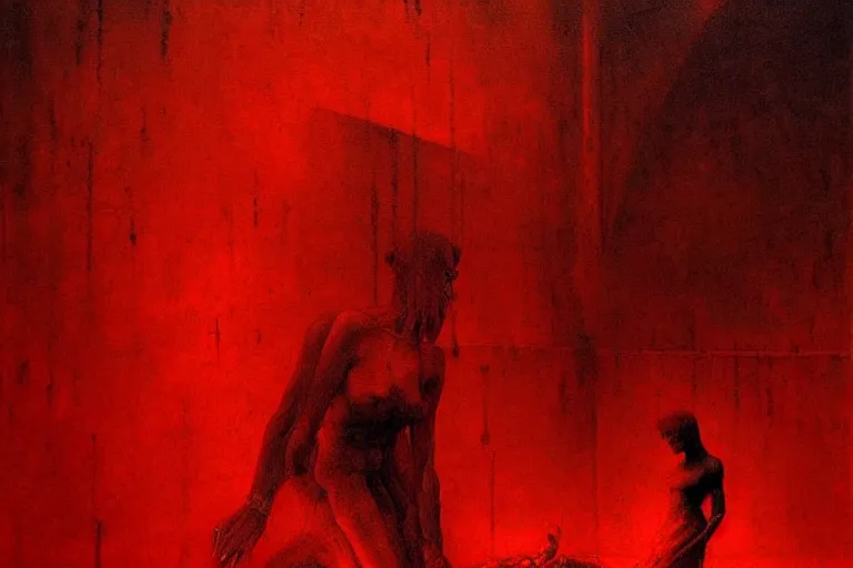 Image similar to only with red, a red tiger, rome in the background, medieval demons dance, an ancient path, in the style of beksinski, part by hopper, part by rodcenko, part by hofbauer, intricate composition, red by caravaggio, insanely quality, highly detailed, masterpiece, red light, artstation