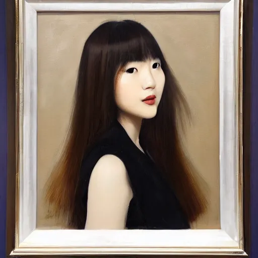 Prompt: portrait of a beautiful korean girl with long hair and bangs wearing a men's tuxedo, angular features, oil on canvas, elegant pose, masterpiece, Jonathan Yeo painting