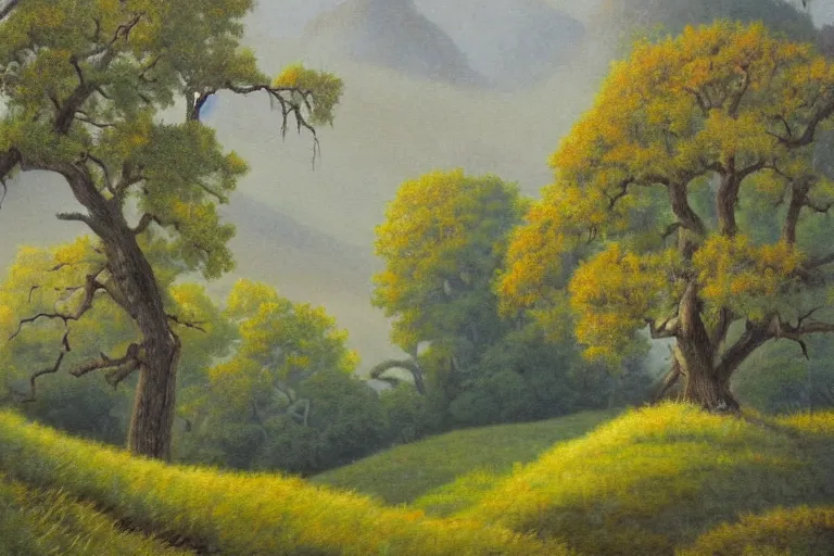 Prompt: masterpiece painting of oak trees on a hillside overlooking a foggy valley, by marion wachtel