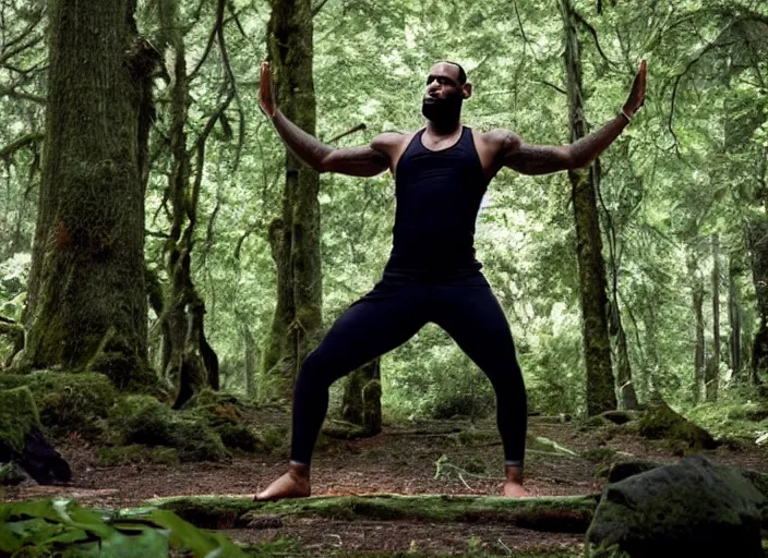 Image similar to lebron james doing yoga in the forest, film still in the new batman movie, 4 k