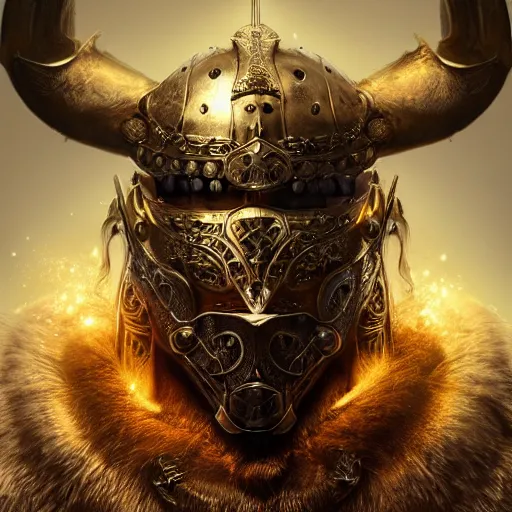 Image similar to portrait art of 8k viking with incredible armor, detailed intricate ornate magical armor made of obsidian and gold, organic, full of colour, cinematic lighting, battered, trending on artstation, 4k, hyperrealistic, focused, extreme details, unreal engine 5, cinematic, masterpiece, art by ayami kojima