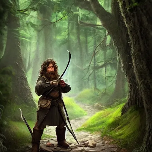 Image similar to a rugged warrior hobbit in leather armor with very short hair and a dark green cloak hiking through the forest holding a hunting bow, trending on artstation, realistic, detailed, by Tony Sart