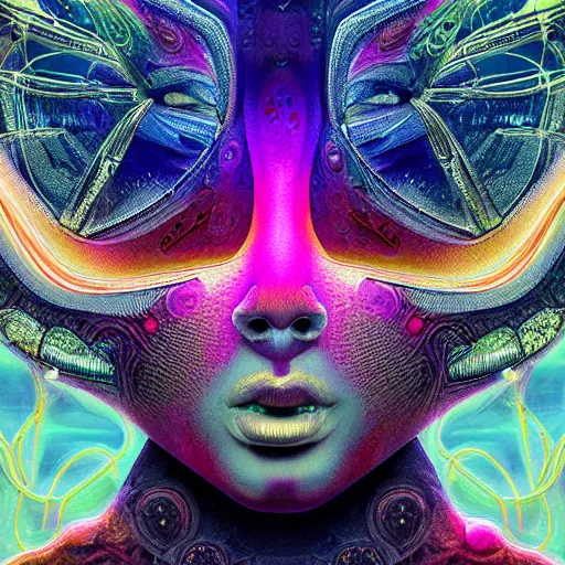 Image similar to Face of a Alien Deity, centered, corals, plume made of geometry, extremly detailed digital painting, sharp focus in the style of android jones, artwork of a futuristic artificial intelligence superstar with frames made of detailed circuits, mystical colors, rim light, beautiful lighting, 8k, stunning scene, raytracing, octane, under water visual distortion, dark tones colors, trending on artstation