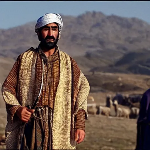 Prompt: Kurdish shepherd wearing Kurdish clothes in a movie directed by Christopher Nolan, movie still frame, promotional image, imax 70 mm footage, 8k