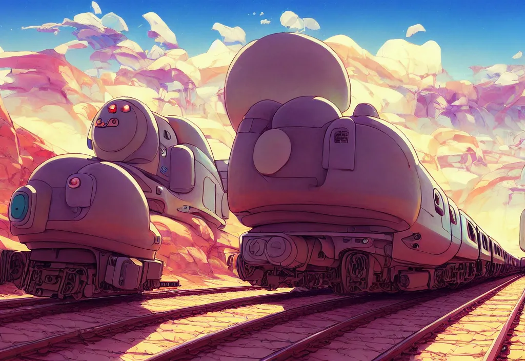 Image similar to chubby futuristic train on a railroad in the desert with a cactus on the right in the forefround, intricate oil painting, high detail illustration, sharp high detail, manga and anime 1 9 9 9, official fanart behance hd artstation by jesper ejsing and makoto shinkai, 4 k,