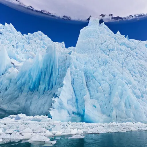 Image similar to a wide angle photograph taken on a kayak of a river with blue skies ahead and very tall blue frozen glaciers on the sides, rowing out of a frozen ice cave