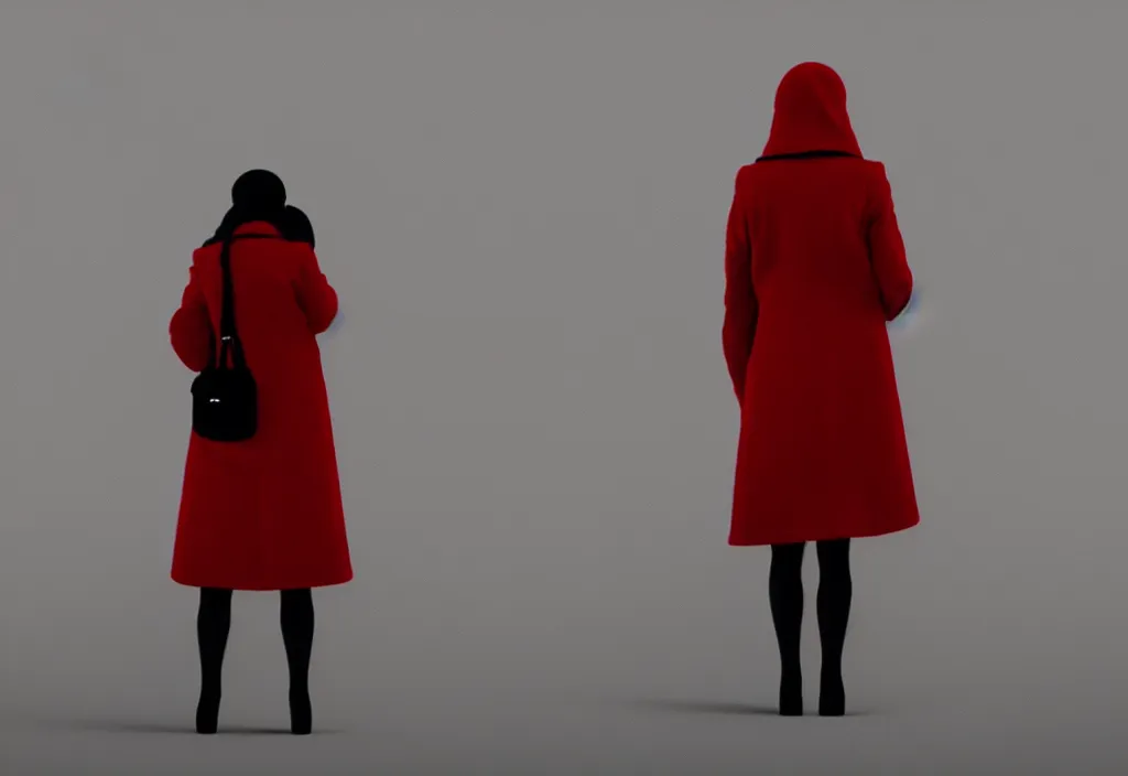 Image similar to young european woman in a long red coat peering through binoculars, portait, in the style of wes anderson, rene magritte, lola dupre, david hockney, isolated on white background, dark monochrome neon spraypaint accents octane render