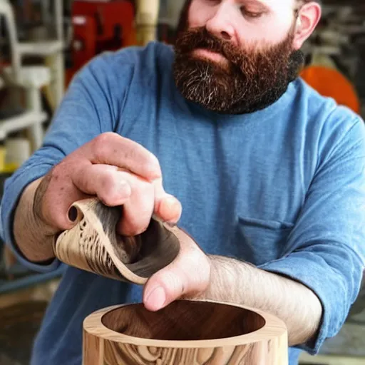 Prompt: bearded man turns bowl using woodlathe