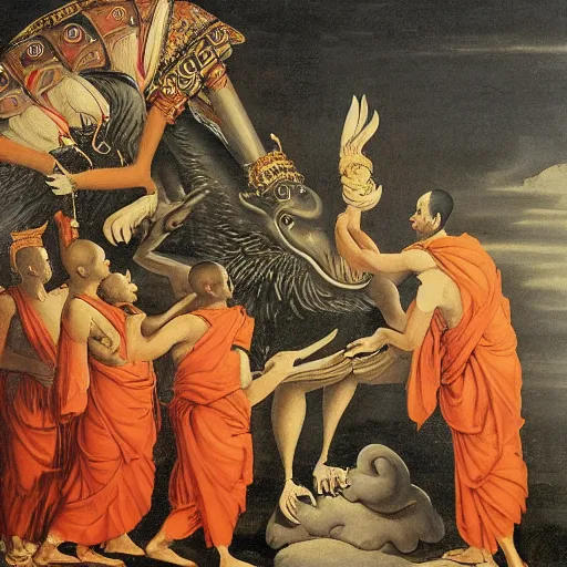 Image similar to hindu monks worshipping giant crow as devil on greek senete baroque painting, lionardo davinchi