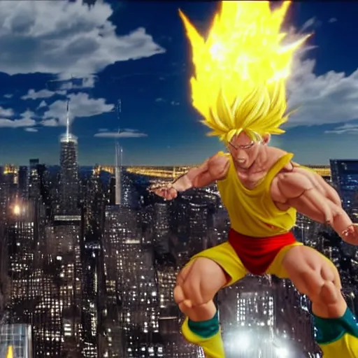 Image similar to photo realistic super sayan trump flying in the sky and prepare a kamehameha above new york city. high details, intricate, unreal engine 5.