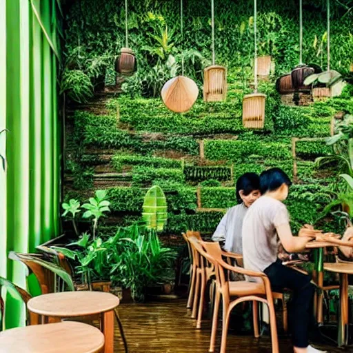 Image similar to a cafe in Vietnam, many green plants on walls and on tables, good atmosphere, relaxing, calming place, good design, people sitting down enjoying drinks