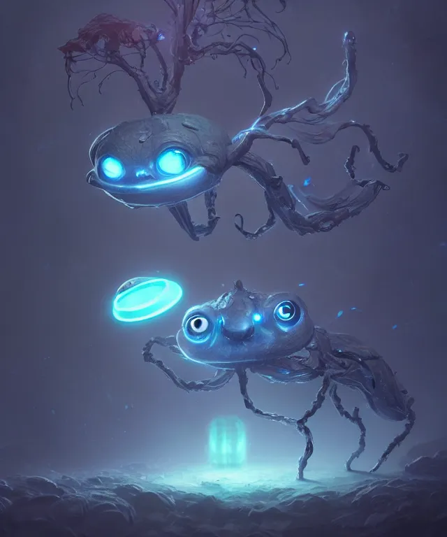 Image similar to a tiny creature with enormous eyes made of bioluminescence, fantasy, elegant, crisp 8 k line work, emissive lighting, digital painting, artstation, unreal engine, octane render, concept art, matte, sharp focus, illustration, art by james jean and justin gerard