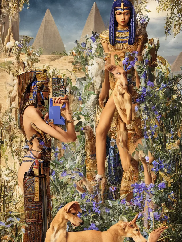 Prompt: portrait of a beautiful female ancient Egyptian goddess next to the god Anubis as a whippet, blue lotus flowers grow around them, checking her iphone by Alessio Albi, painted by Artgerm, by Marc Simonetti, by Ernst Haeckel