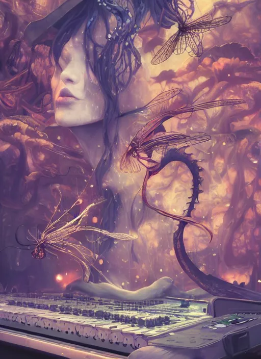 Image similar to surreal gouache painting, by yoshitaka amano, by ruan jia, by Conrad roset, by good smile company, detailed anime 3d render of a wild mushroom Surrounded by magical Dragonflies and a big DJ Mixer, deck, portrait, cgsociety, artstation, rococo mechanical and Digital and electronic, dieselpunk atmosphere