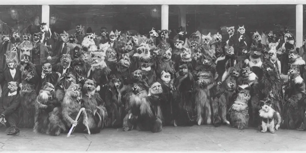 Prompt: a furry convention, 1 9 0 0 s photograph