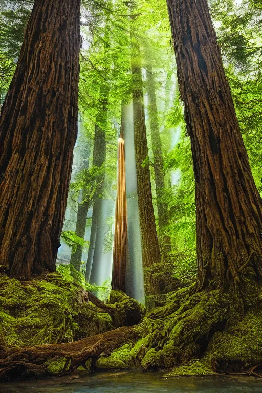 Prompt: In some of the column carved with Norse gods there is a huge glowing redwood, light filtering through the gaps in the leaves, Sparkling in the flowing creek, Tyndall effect, hone finished, national geographic, 8K, hyper detailed, crepuscular ray, low angle, superwide shot, lunapunk