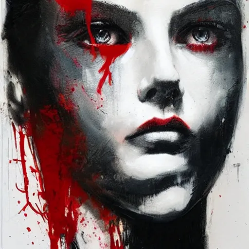 Image similar to portrait of woman with two faces covered in red dripping paint, artwork by guy denning and charlie bowater,