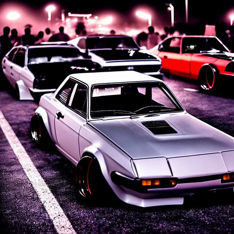 Image similar to a car S30 twin turbo drift at illegal car meet, Gunma prefecture, city midnight mist lights, cinematic lighting, photorealistic, highly detailed wheels, high detail