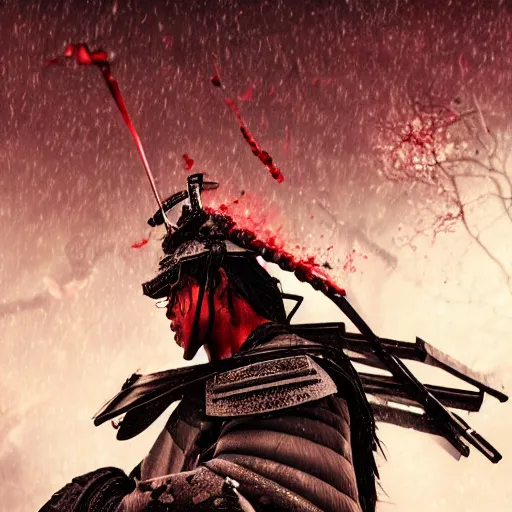 Image similar to a samurai looking to the sky while it's raining blood on his face, unreal engine fantasy art, hauntingly beautiful art, beautiful composition, hd, 8k, detailed, nighttime