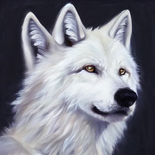 Prompt: A portrait of a white wolf wearing a crown, oil painting, award winning masterpiece, artstation