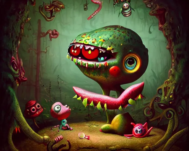 Prompt: toy tiny monster, tin iron, mark ryden, lostfish, max fleischer, hyper realistic, artstation, illustration, digital paint, matte paint, vivid colors, bright, cheerful, detailed and intricate fairytale environment