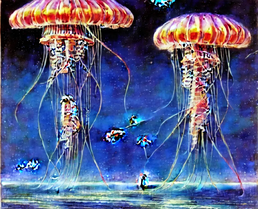 Image similar to jellyfish spaceship by bruce pennington, 1 9 7 0 s sci - fi illustration, detailed hi - res scan from an old book