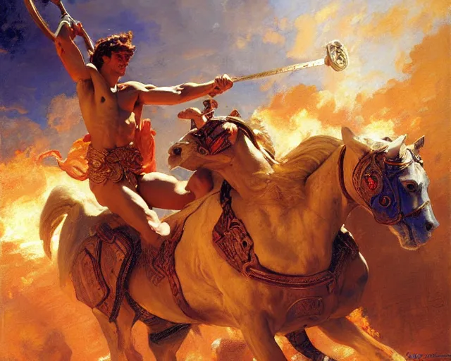 Image similar to attractive apollo greek god, riding his fire chariot. highly detailed painting by gaston bussiere, craig mullins, j. c. leyendecker 8 k