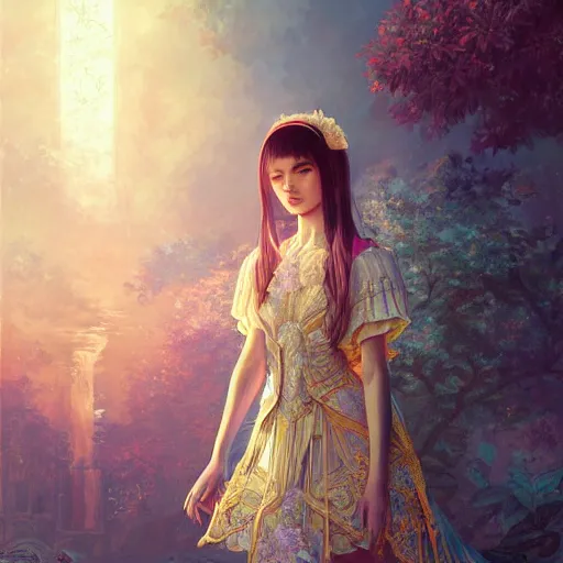 Prompt: beautiful young girl in intricate clothing by ross tran, walking in a castle painted by sana takeda, reflections, very high intricate details, painting, digital anime art, medium shot, mid - shot, composition by ilya kuvshinov, lighting by greg rutkowski