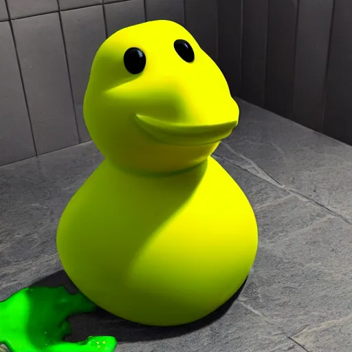 Image similar to rubber duck made of green slime melting on a bathroom, unreal engine 5, excellent composition, trending on artstation, million of likes, ray tracing, natural lighting