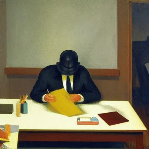 Image similar to a surreal figure sitting at his desk in an office, in a nightmare, by Edward Hopper, highly detailed,