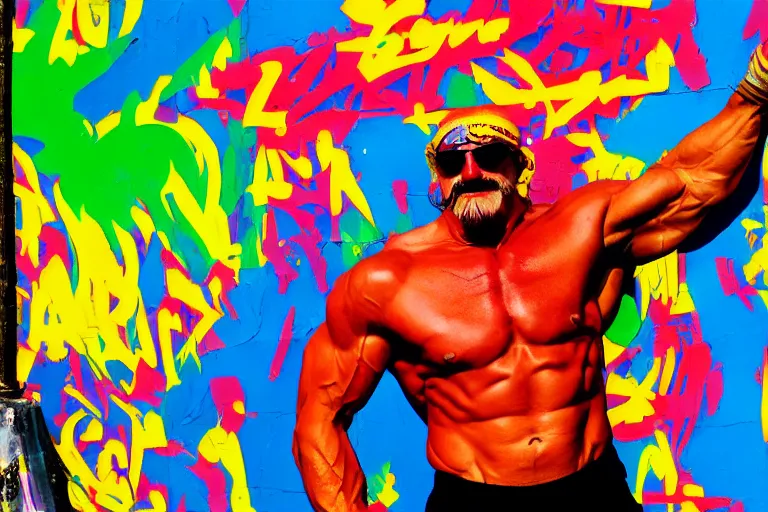 Prompt: psychedelic hulk hogan flexing, propaganda, graffiti, minimalist