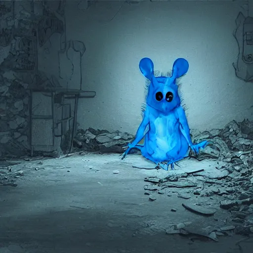 Prompt: a transparent blue ghost rat in an abandoned basement, horror, digital art, well-detailed