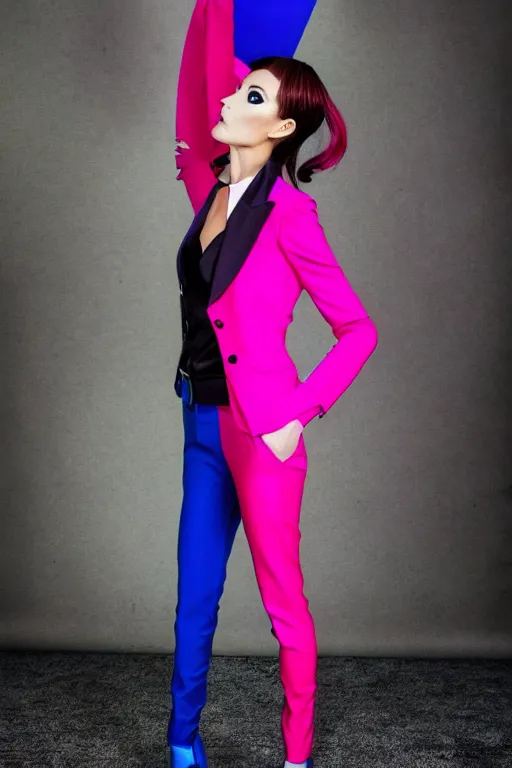Image similar to realistic photoshooting for trouser suit for a rave, bright colors, vhs colour photography, photo for a magazine, photo for a store, fashion photography, Vogue,, cinematic, high detail, 8k, dynamic pose,Smooth skin, perfect face, 80mm lens, 1.2 aperture, close up, cinematic light, very detailed, cover magazine