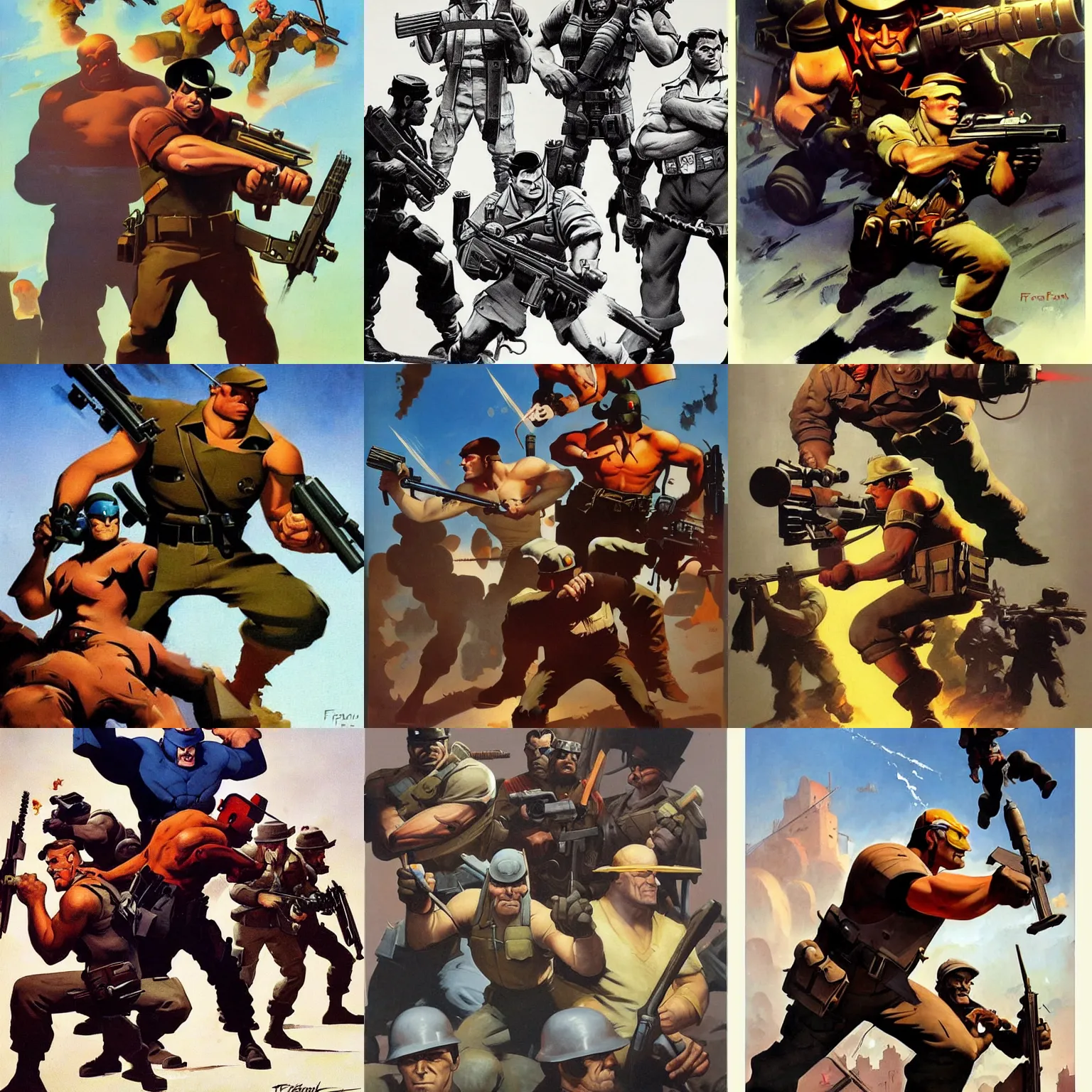 Prompt: team fortress 2 art by frank frazetta