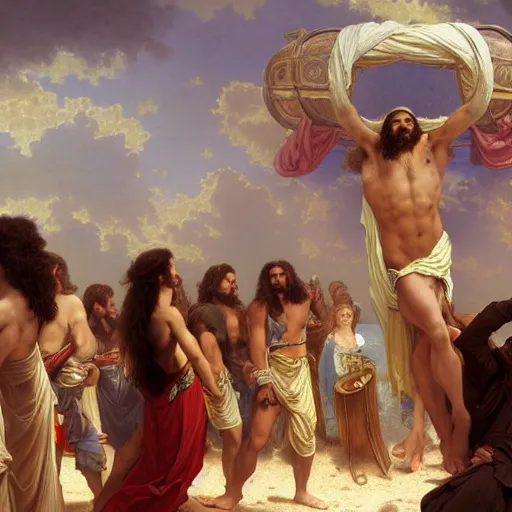 Image similar to an extremely detailed matte painting of a ridiculously good looking jesus that looks like a jewish gigachad with his 1 2 apostle entourage droing keg stands, long curly hair, elegant ancient greek dress, very detailed, windy beach, beautiful, intricate, cinematic, artstation, william bouguereau, alphonse mucha, greg rutkowski, rossdraws, octane render