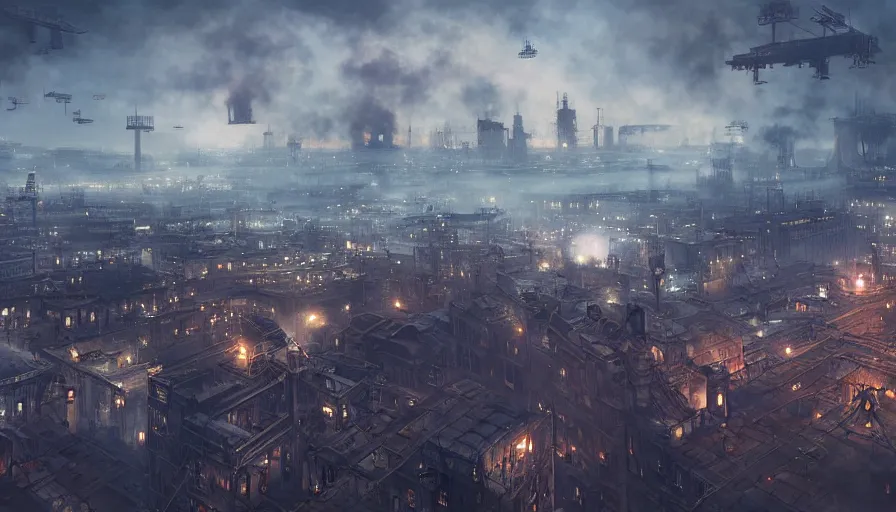 Prompt: Dieselpunk city panoramic view, bird's eye, airships in the sky, steam, factory plants with dark smoke in the background, epic composition, intricate, elegant, volumetric lighting, digital painting, highly detailed, artstation, sharp focus, illustration, concept art, ruan jia, steve mccurry