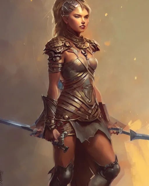 Image similar to full body portrait of a beautiful female warrior by stanley artgerm lau, wlop, rossdraws, frank frazetta, andrei riabovitchev, marc simonetti, tranding on artstation