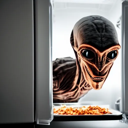 Image similar to candid photo of an alien looking for food in the fridge, cinematic night lighting
