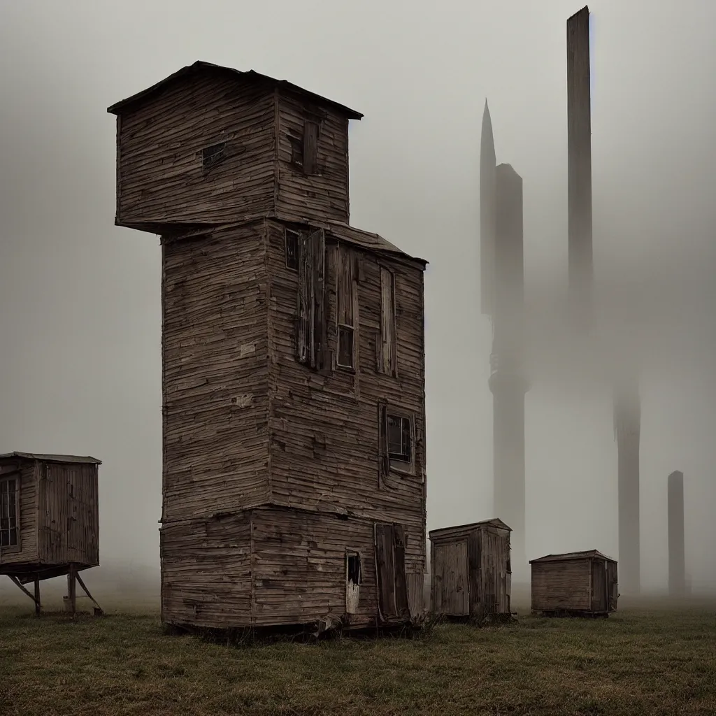 Image similar to two towers, made up of makeshift squatter shacks with faded colours, moody sky at the back, uneven fog, dystopia, mamiya, f 1 1, fully frontal view, ultra sharp, very detailed, photographed by julie blackmon