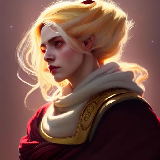 Prompt: Hyperrealistic portrait of a girl with cream coloured hair wearing a heavy maroon cloak, Overwatch inspired, golden accents, face, fantasy, intricate, elegant, highly detailed, digital painting, artstation, concept art, smooth, sharp focus, illustration, art by Wei Fan and Fernanda Suarez and Artem Demura and alphonse mucha