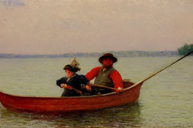 Image similar to new england fisherman, riding in a rowboat with his beautiful victorian daughter, the helping hand by painted by emile renouf,