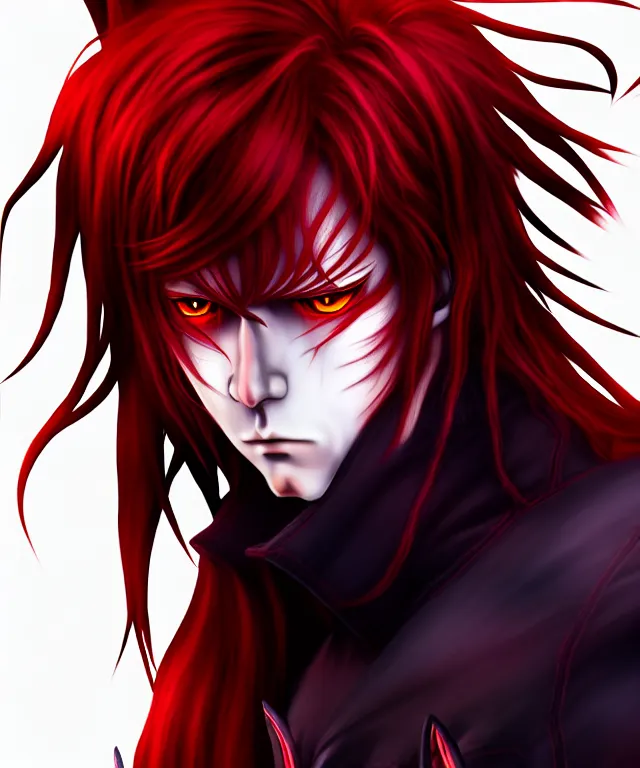 Prompt: award winning portrait of a male anthropomorphic anime black wolf long red hair. artstation, artistic lighting, highly detailed, photorealistic, fantasy