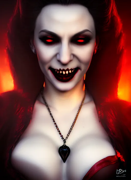 Prompt: realistic matte painting, full length portrait, the vampire duchess of blood owns las vegas at night, fangs, pale, confidant, highly detailed, CGsociety, concept art, HDR, hyper realistic, volumetric lighting, subsurface scattering, unreal,