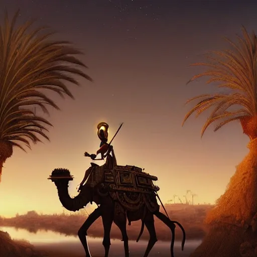 Prompt: an african moor wearing white robes riding a steampunk camel into a lush desert oasis with a reflective pond, by greg rutkowski and android jones in a cyberpunk style, oil on canvas, 8k, synthwave sunset