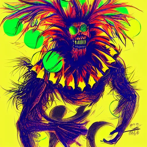 Image similar to a monster made out of tennis balls, tennis racket, colorful, digital art, fantasy, magic, trending on artstation, ultra detailed, professional illustration by Basil Gogos