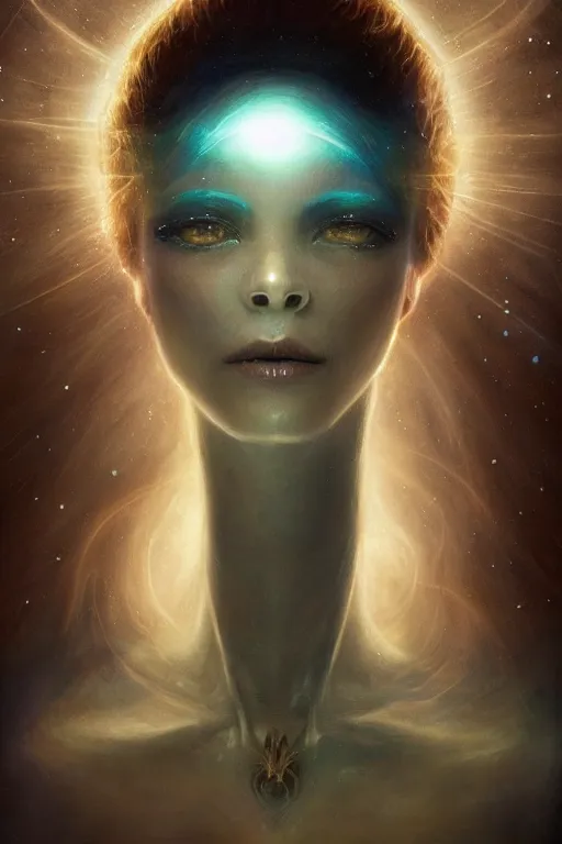Prompt: a subtle lighting photo of an ancient powerful psychic alien queen, light colors, bright, sunbeams, eloquent, fancy, lovely, beautiful lighting, golden ratio, artgerm, tom bagshaw, gerald brom, detailed, small details, intricate, sci fi, scifi, magic, magical aesthetic,